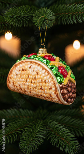 Creative taco shaped glass Christmas bauble hanging on fir tree branch, funny Mexican food ornament decoration for holiday season with warm candle lights background