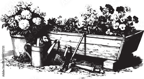 Gardening tools set: a watering can, shovel, and pots filled with flowers. A black and white vintage vector illustration of outdoor gardening equipment.