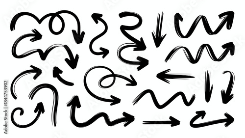 Diverse collection of hand drawn grunge arrows in various styles and directions