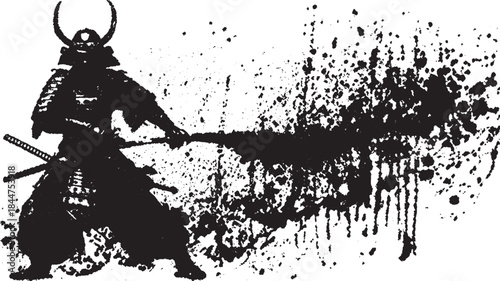 Samurai warrior in black silhouette. Dynamic illustration showcasing traditional armor and sword in a striking pose, featuring splatter design vector illustration.