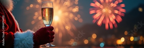 Cheers to the festive season! a hand in a santa suit holds a champagne glass with fireworks illuminating the night sky.