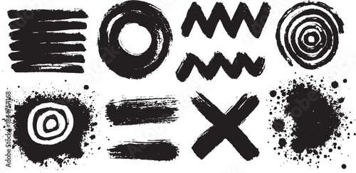 Abstract doodle set featuring brush strokes, circles, and zigzags in black and white. Vector illustration with textured elements for unique designs.