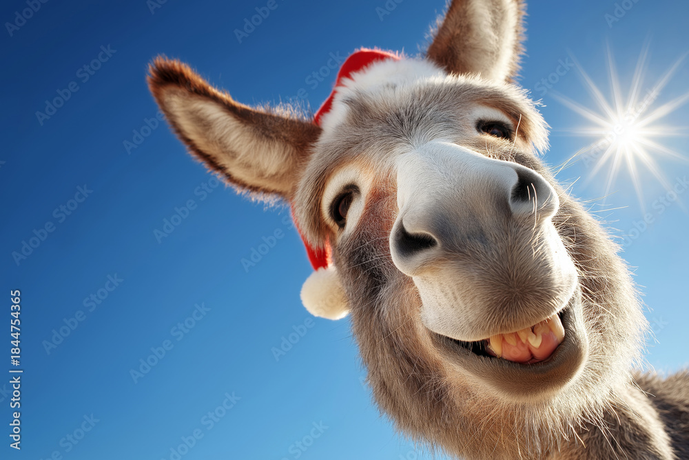 Obraz premium A photo of a donkey dressed as Santa Claus on Christmas party background. 