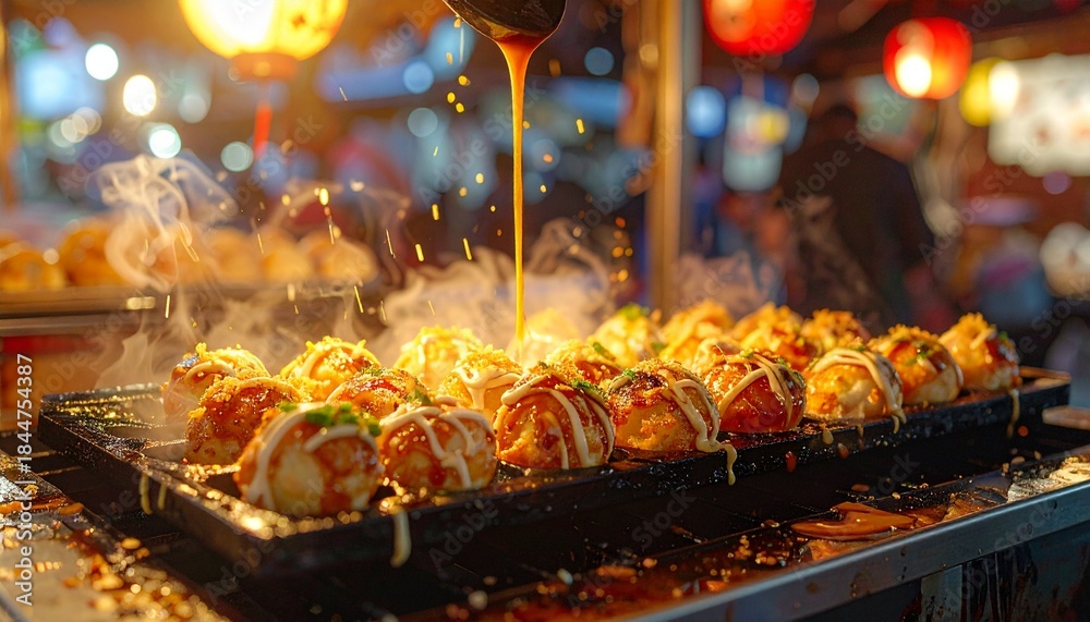 Obraz premium Vibrant Street Food Stalls Worldwide - Sizzling Takoyaki Balls on Osaka Summer Festival Stall