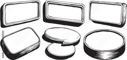 Various container shapes including rectangles and circles in black and white outlines. Simple vector illustration set for labeling or design applications.