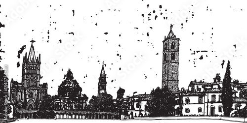 Building architecture silhouette featuring towers and structures. Monochrome vector illustration of a historical cityscape.