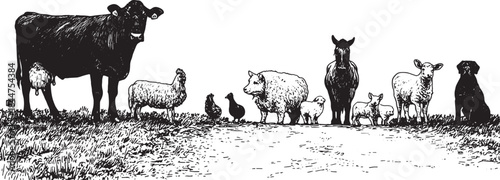 Animal illustration set featuring cow, sheep, horse, chicken, and dog in a rural farm environment. Black and white vector illustration.
