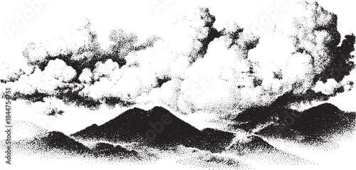 Mountains and clouds illustrated in black and white. Detailed landscape set with texture, offering a stylized nature vector illustration.