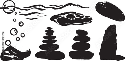 Silhouette stones in varying shapes. Black vector illustration featuring smooth textures, bubbles, and a calming water stream set.