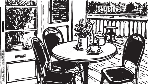 Table with a cup and flower vase in a cozy indoor space. Simple black and white vector illustration depicting a serene living area set.