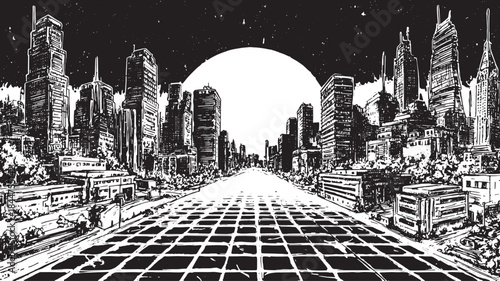 Urban skyline view in monochrome with detailed buildings. This vector illustration features a simple grid pattern and empty street landscape.