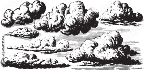Vintage decorative clouds set. Black and white illustration with classic line quality for artistic use in vector format.