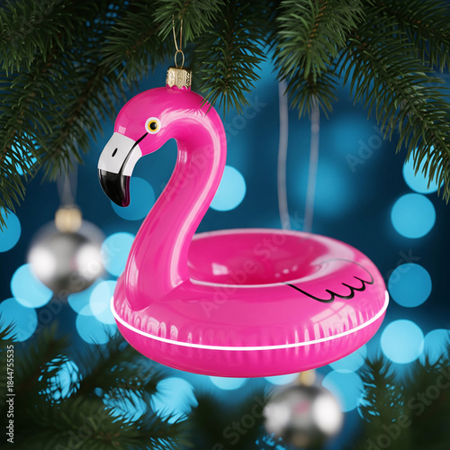 Pink flamingo pool float shaped Christmas bauble hanging on a fir tree branch, funny summer vacation holiday decoration concept with blue bokeh lights background