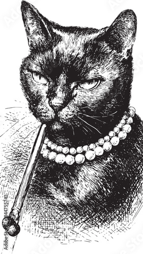 Black cat portrait illustration in a vintage style. Elegant design featuring a stylish collar, vector artwork highlighting fine details.