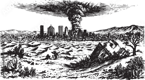 City skyline facing destruction with an explosion in the background. Black and white vector illustration depicting an apocalyptic landscape.