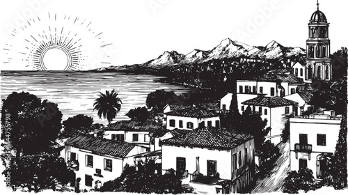 Sunset landscape featuring a village by the sea with mountains in the background. Black and white vector illustration of the scenery.