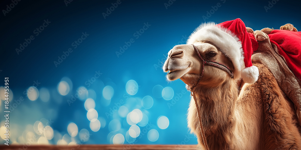 Fototapeta premium A photograph of a camel dressed as Santa Clauss on Christmas party background. 