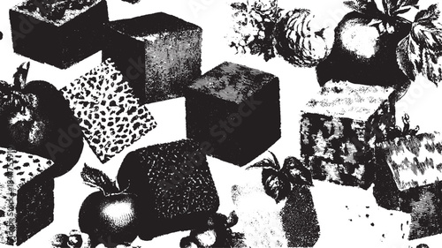 Cubes of cheese with distinct black and white textures. Creative vector illustration showcasing various patterns in a modern set.