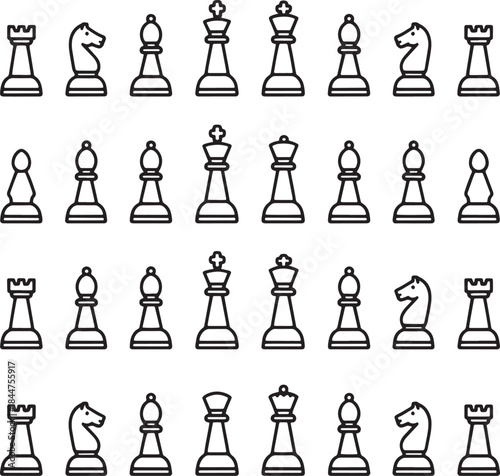 "Vector Illustration of a Complete Chess Set - Chess Pieces: Pawn, Knight, Queen, King"