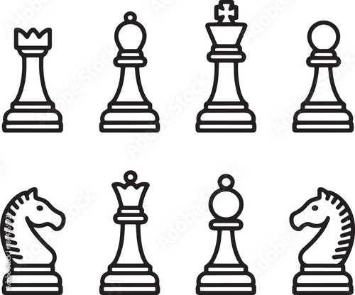 "Vector Illustration of a Complete Chess Set - Chess Pieces: Pawn, Knight, Queen, King"