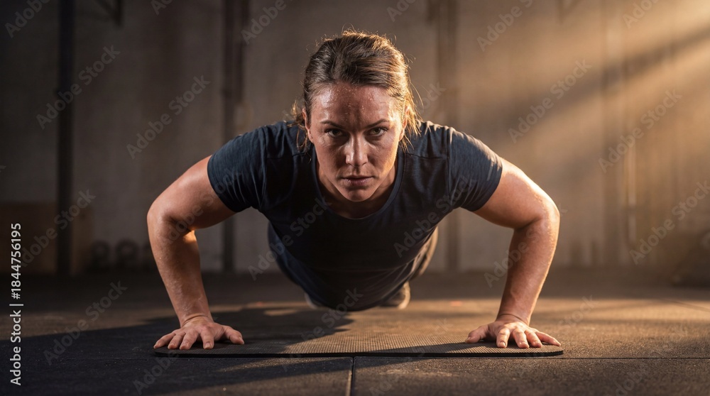 Fototapeta premium Pregnant woman doing push-ups in gym, sweat on face