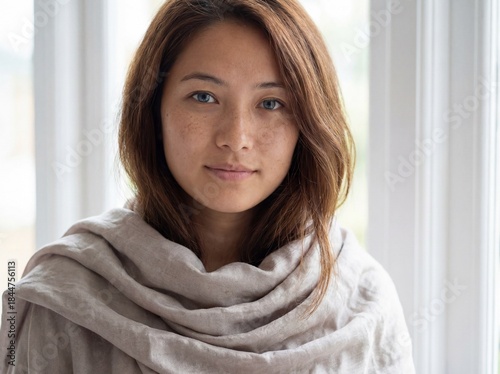 Close-up of a girl with a solid gray neck scarf in sunny weather