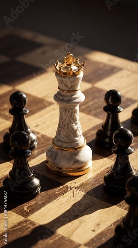 3White queen surrounded by black pawns on chessboard – concept of strategy and pressure