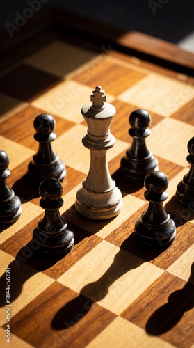 White queen surrounded by black pawns on chessboard – concept of strategy and pressure