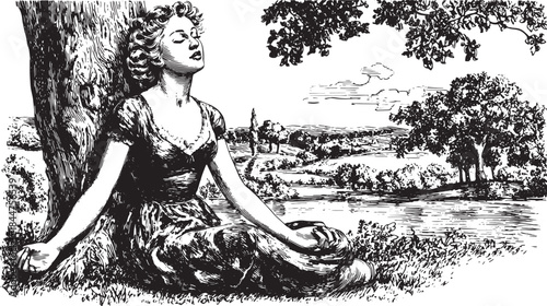 Woman sitting peacefully under a tree by a lake. Black and white vector illustration depicting a serene outdoor scene.