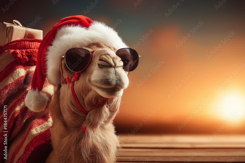 Fototapeta premium A photograph of a camel dressed as Santa Clauss on Christmas party background. 
