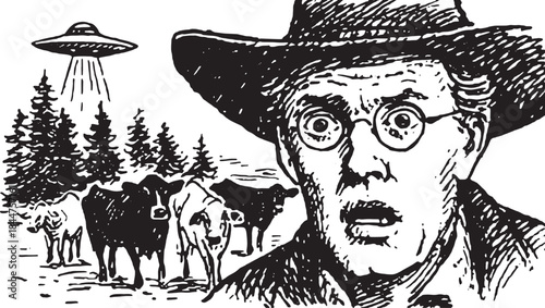 Cow and surprised man near UFO. Vintage black and white vector illustration featuring a rural scene with livestock in a mysterious setting.
