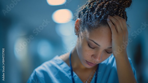 Infirmière en burn-out, épuisement et stress au travail, main sur le front, fatigue et détresse psychologique du personnel soignant à l’hôpital