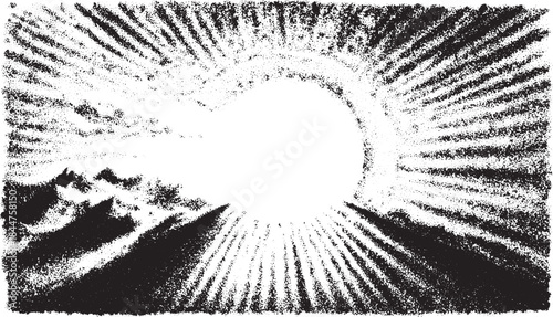 Abstract sun illustration with rays and mountains. Bold black and white vector illustration, focusing on contrast and simplicity.