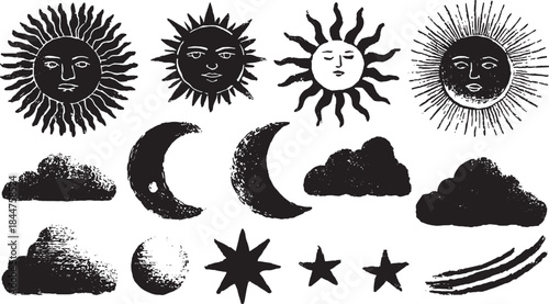 Celestial icons set featuring sun, moon, stars, and clouds in doodle style. This black and white vector illustration offers a hand-drawn look.