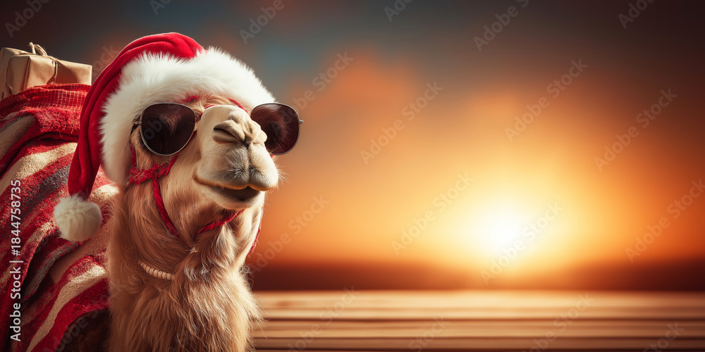 Fototapeta premium A photograph of a camel dressed as Santa Clauss on Christmas party background. 