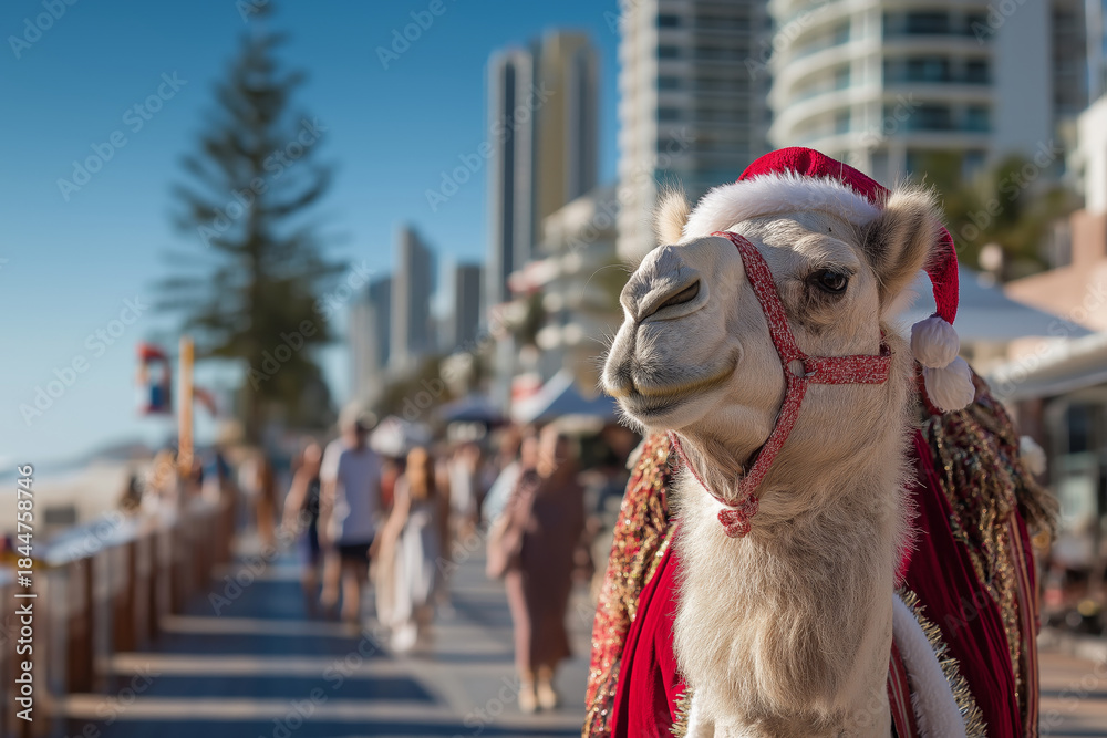 Fototapeta premium A camel dressed as Santa Clauss on Christmas party background.