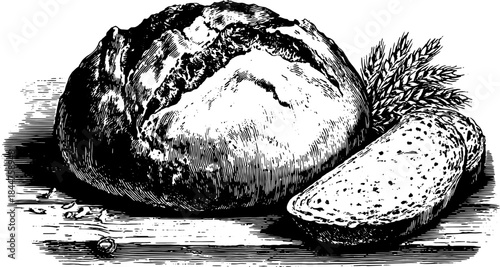 Antique engraving of bread and wheat. Hand-drawn black silhouette illustration in a vintage style, presented as a vector set.