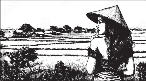 Woman in a hat standing in a farmland landscape. Black and white vector illustration depicting a rural village and rice fields.