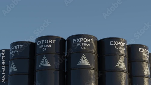 Loop animation of Russian oil export barrels symbolizing global energy markets, geopolitics and sanctions. Ideal for news, finance, energy content. Part of series.