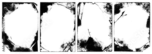 Distressed vector grunge frame set. Rough ink print texture and vintage paper background ideal for punk rock album covers, zine design, posters, and creative photo overlays.