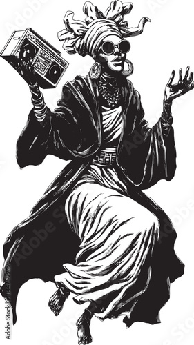 A woman holding a boombox, showcasing music culture. Black and white vector illustration with an elegant style and dynamic gesture.
