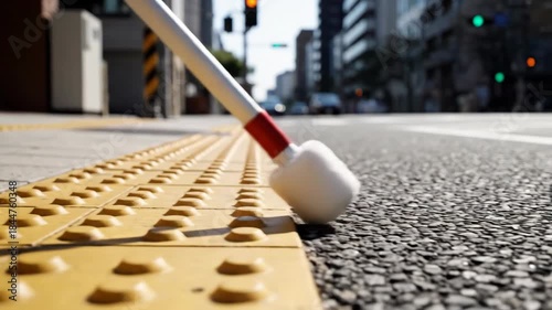 Close-up of a white cane tapping on yellow tactile paving blocks. Visually impaired person navigating a city street. Urban accessibility and safety concept