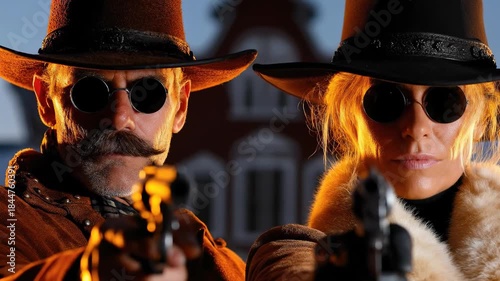 Western outlaws aiming guns, wearing cowboy hats and circular sunglasses, with old town building in background, a rugged man with mustache and a woman with fur jacket, dusk scene.