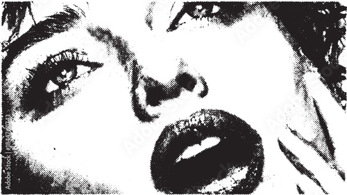 Face of a woman in black and white art style. Detailed expression with emphasis on eyes and mouth, showcasing modern techniques in vector illustration.