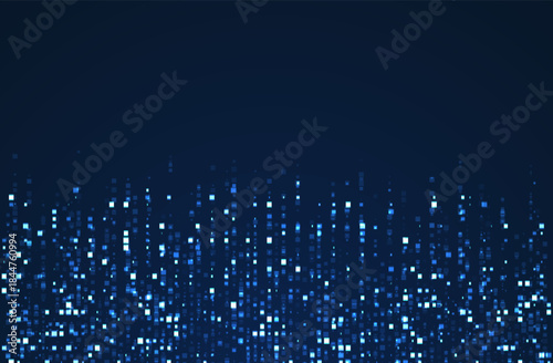 Big data technology background with glowing blue square particles rising from the bottom into dark space, representing data flow, analytics, and digital transformation.