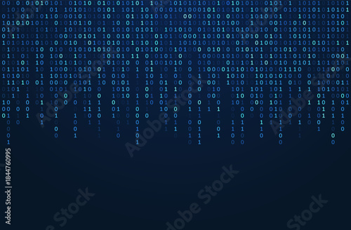 Binary code big data background with glowing blue digits concentrated at the top and fading downward into dark space, representing data flow, processing, and modern technology.
