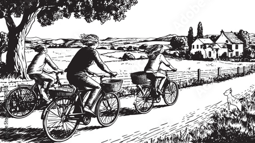 Bicycles in a black and white vector illustration featuring children riding through a summer village set in a scenic outdoor landscape with a dog.
