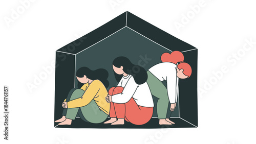 Depression Concept - Three Sad Women Trapped Inside a Small House