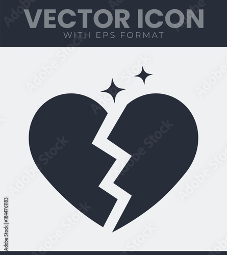 Divided heart shape with a jagged separation line and two small star shapes floating above the upper portion of the graphic element, vector illustration