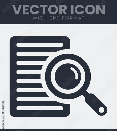 A document page icon with several horizontal lines, positioned with a magnifying glass placed directly over a section of the page, showing a close examination of details, vector illustration